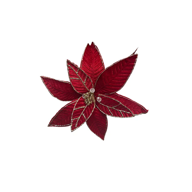 Flor navideña roja en gamuza con adorno perla