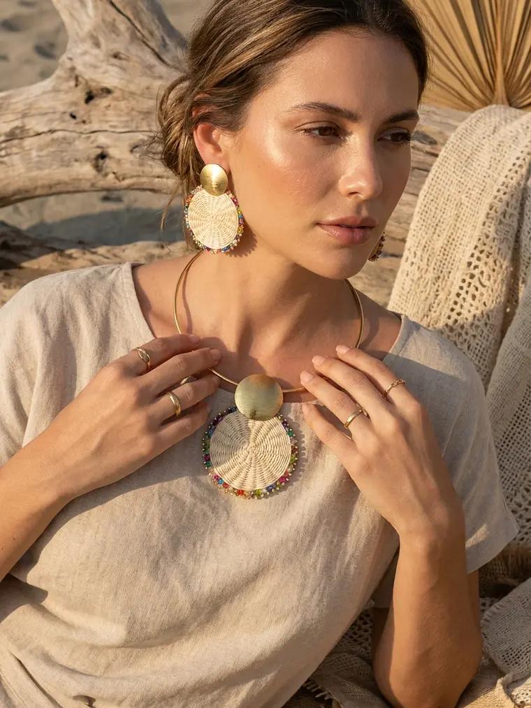 Set de Aretes y Gargantilla  en palma de iraca 1