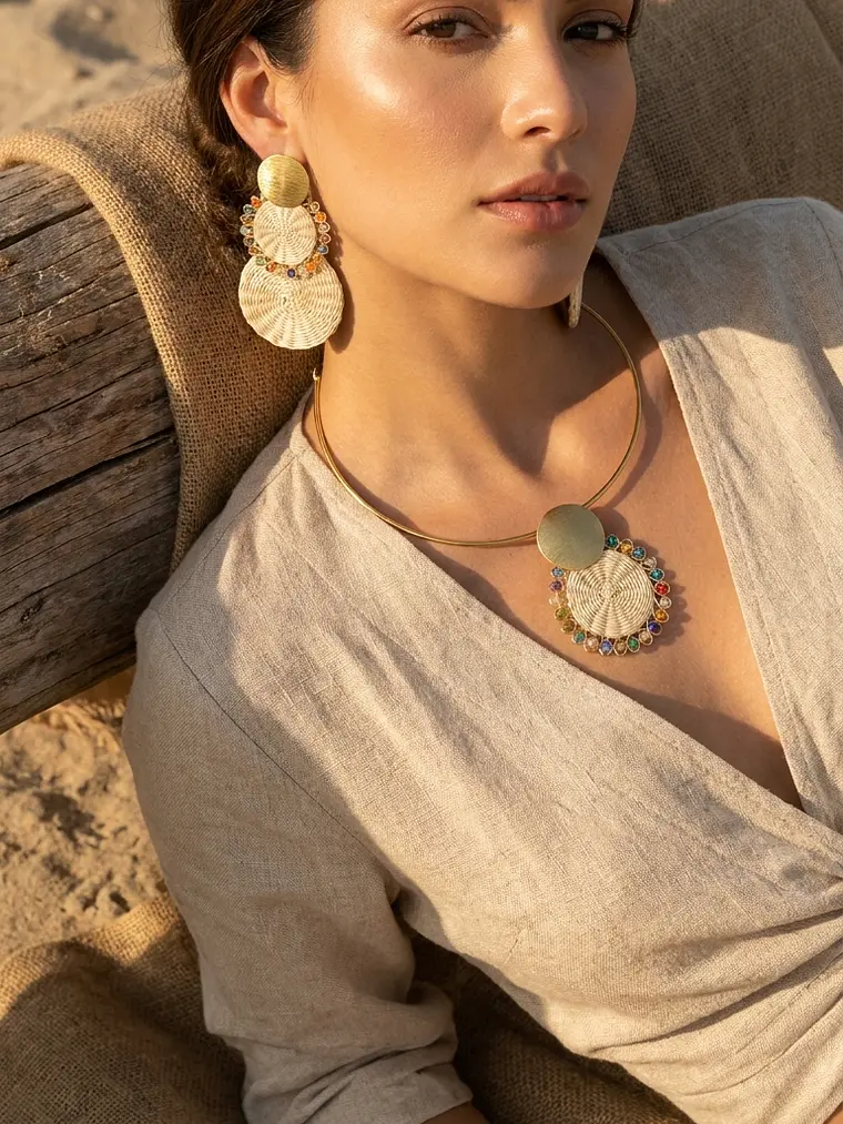 Set de Aretes y Gargantilla en palma de iraca 1