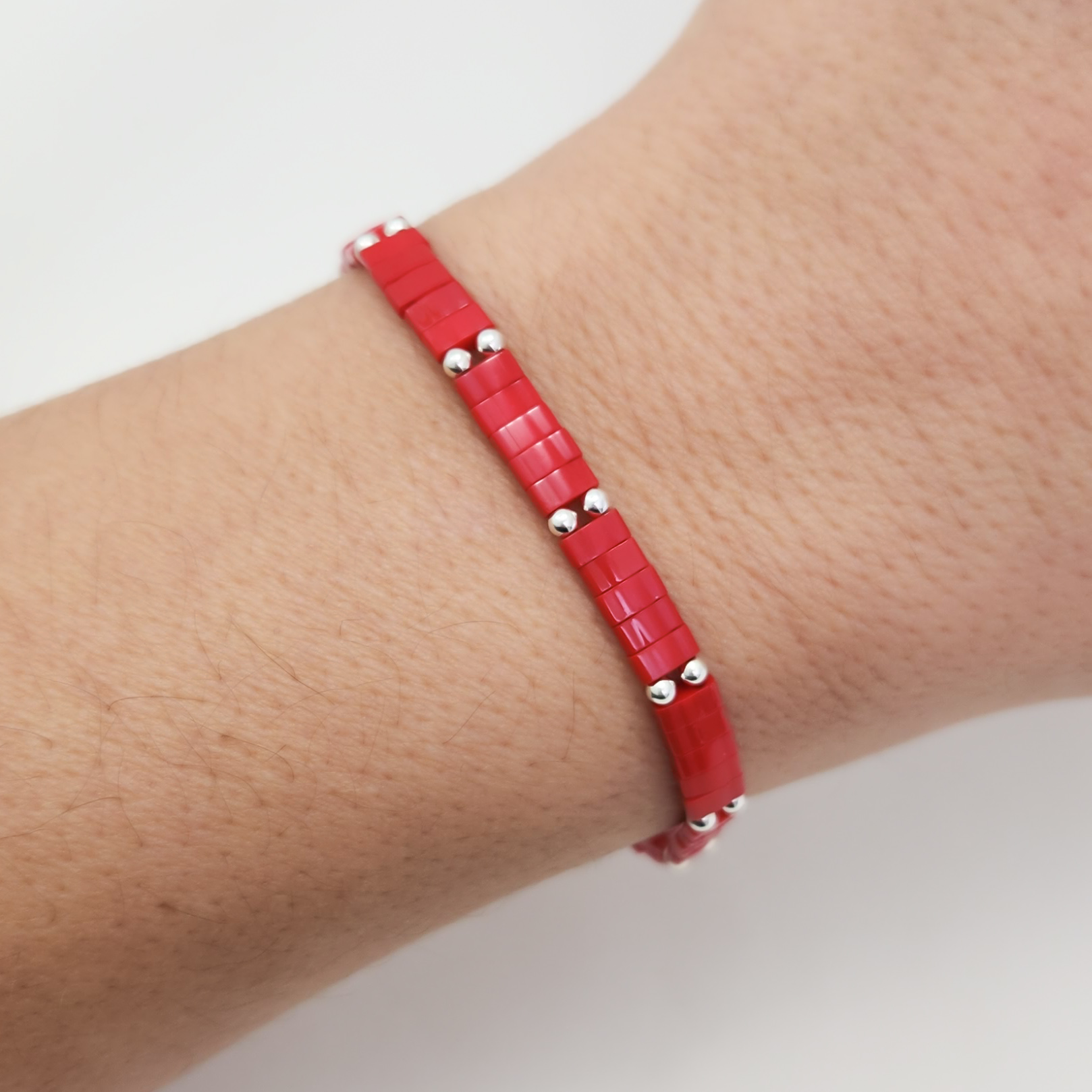 Pulsera Bamboo Rojo Plata