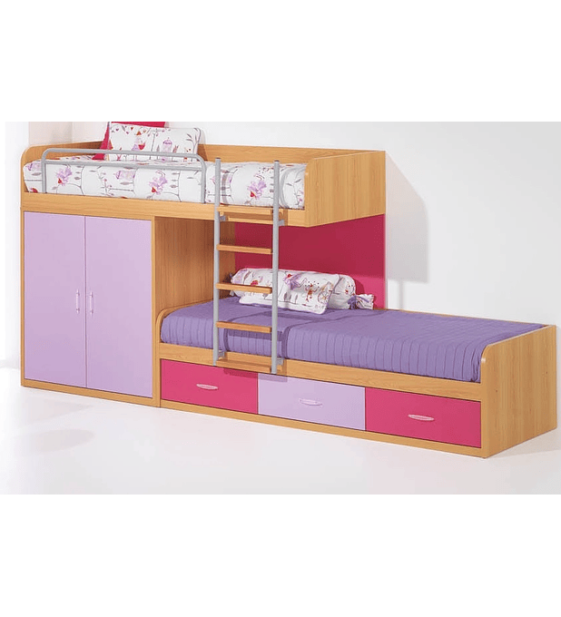 Beliche 3 Camas com Roupeiro Kids Faia Lilás Rosa