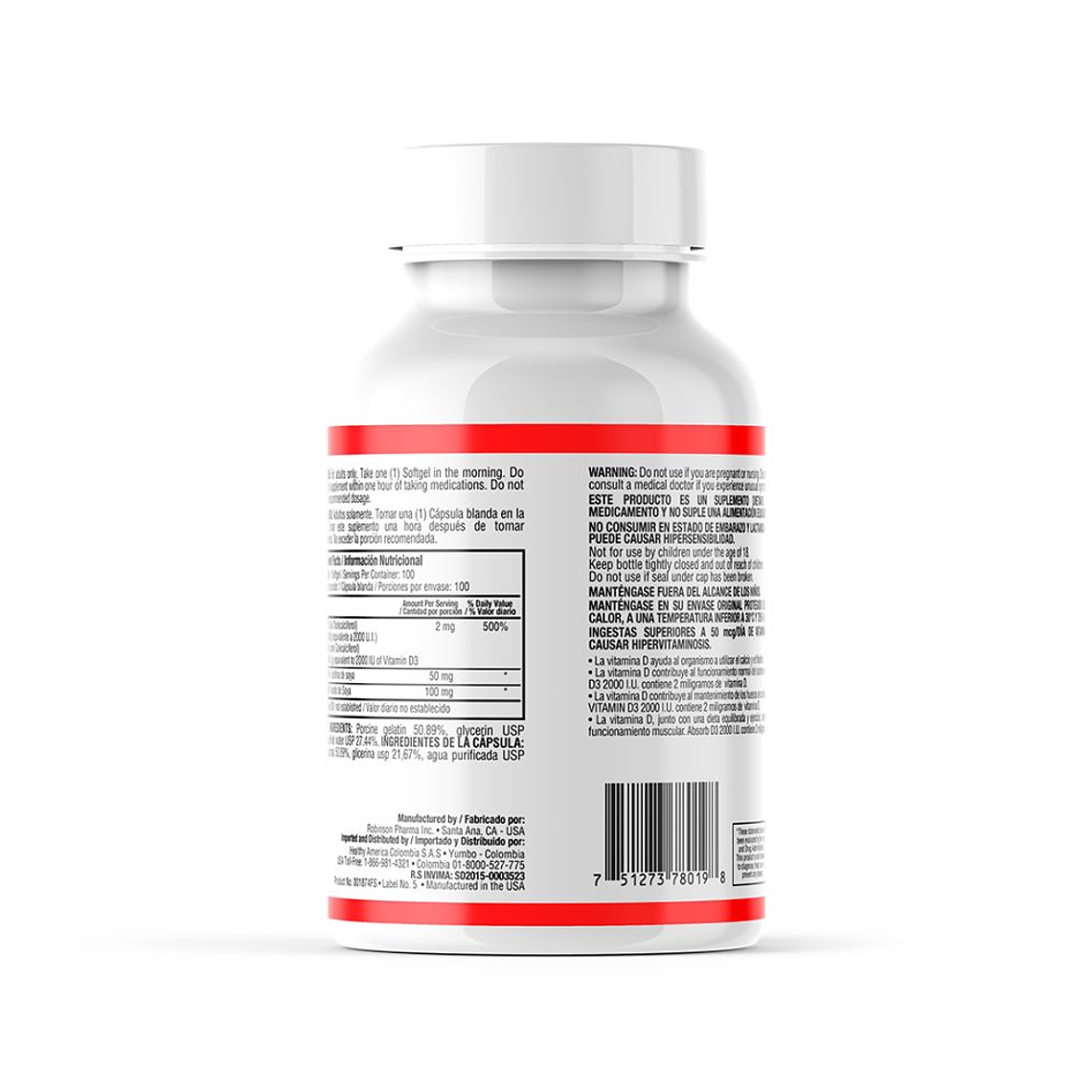 Vitamina D3 2000 UI 100 Softgels Healthy America 2