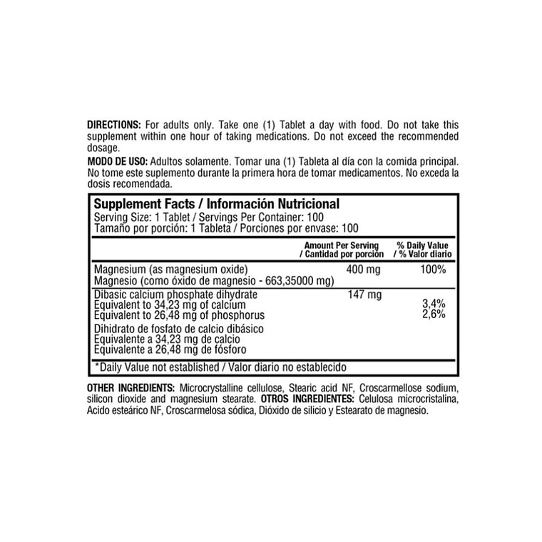 Magnesium Oxide 400 mg 100 Tabletas Healthy America 3