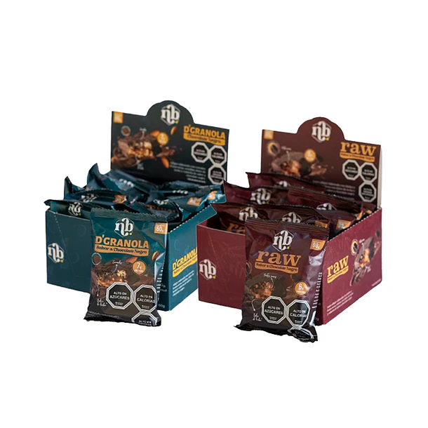 PACK ALFAJORES D'GRANOLA CHOCOLATE NEGRO + DÁTILES RAW CHOCOLATE NEGRO - 2 DISPLAYS 16U