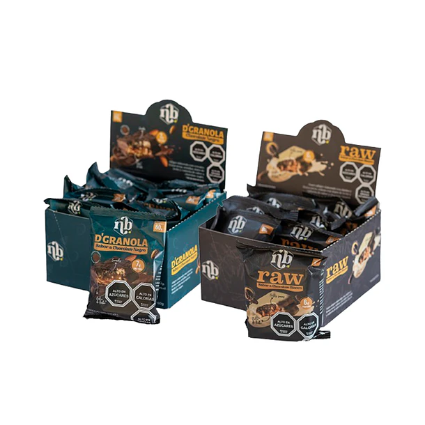PACK ALFAJORES D'GRANOLA CHOCOLATE NEGRO + DÁTILES RAW CHOCOLATE BLANCO - 2 DISPLAYS 16U