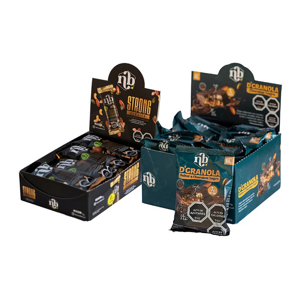 BARRA PROTEÍNA STRONG CLÁSICA DISPLAY 12U + ALFAJOR D'GRANOLA CHOCOLATE NEGRO DISPLAY 8U DE REGALO