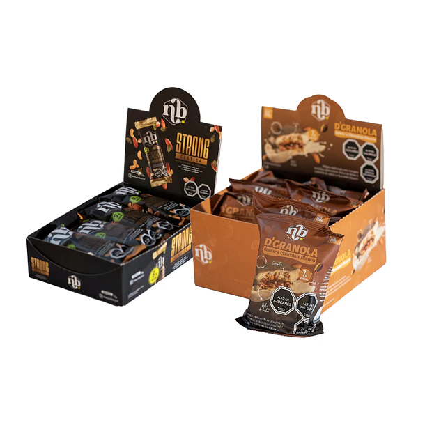 BARRA PROTEÍNA STRONG CLÁSICA DISPLAY 12U + ALFAJOR D'GRANOLA CHOCOLATE BLANCO DISPLAY 8U DE REGALO