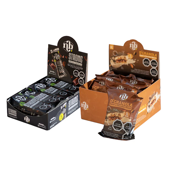 BARRA PROTEÍNA STRONG CHOCOLATE DISPLAY 12U + ALFAJOR D'GRANOLA CHOCOLATE BLANCO DISPLAY 8U DE REGALO