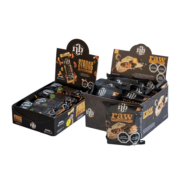 BARRA PROTEÍNA STRONG CLÁSICA DISPLAY 12U + ALFAJOR DÁTILES RAW CHOCOLATE BLANCO DISPLAY 8U DE REGALO