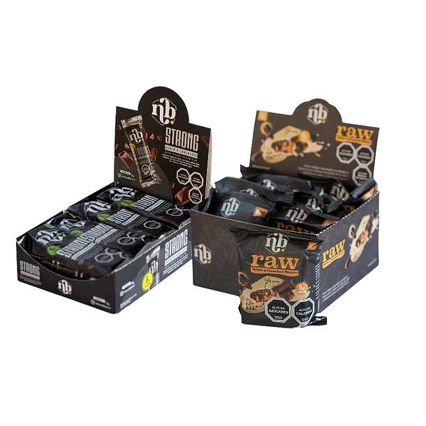 BARRA PROTEÍNA STRONG CHOCOLATE DISPLAY 12U + ALFAJOR DÁTILES RAW CHOCOLATE BLANCO DISPLAY 8U DE REGALO