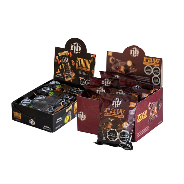 BARRA PROTEÍNA STRONG CLÁSICA DISPLAY 12U + ALFAJOR DÁTILES RAW CHOCOLATE NEGRO DISPLAY 8U DE REGALO