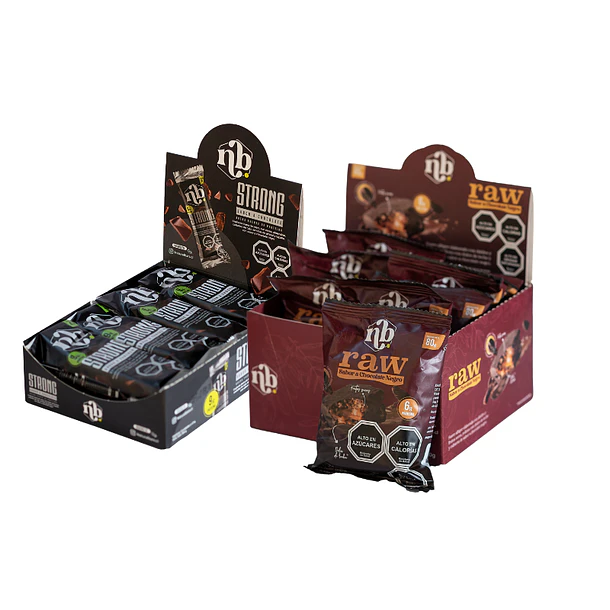BARRA PROTEÍNA STRONG CHOCOLATE DISPLAY 12U + ALFAJOR DÁTILES RAW CHOCOLATE NEGRO DISPLAY 8U DE REGALO