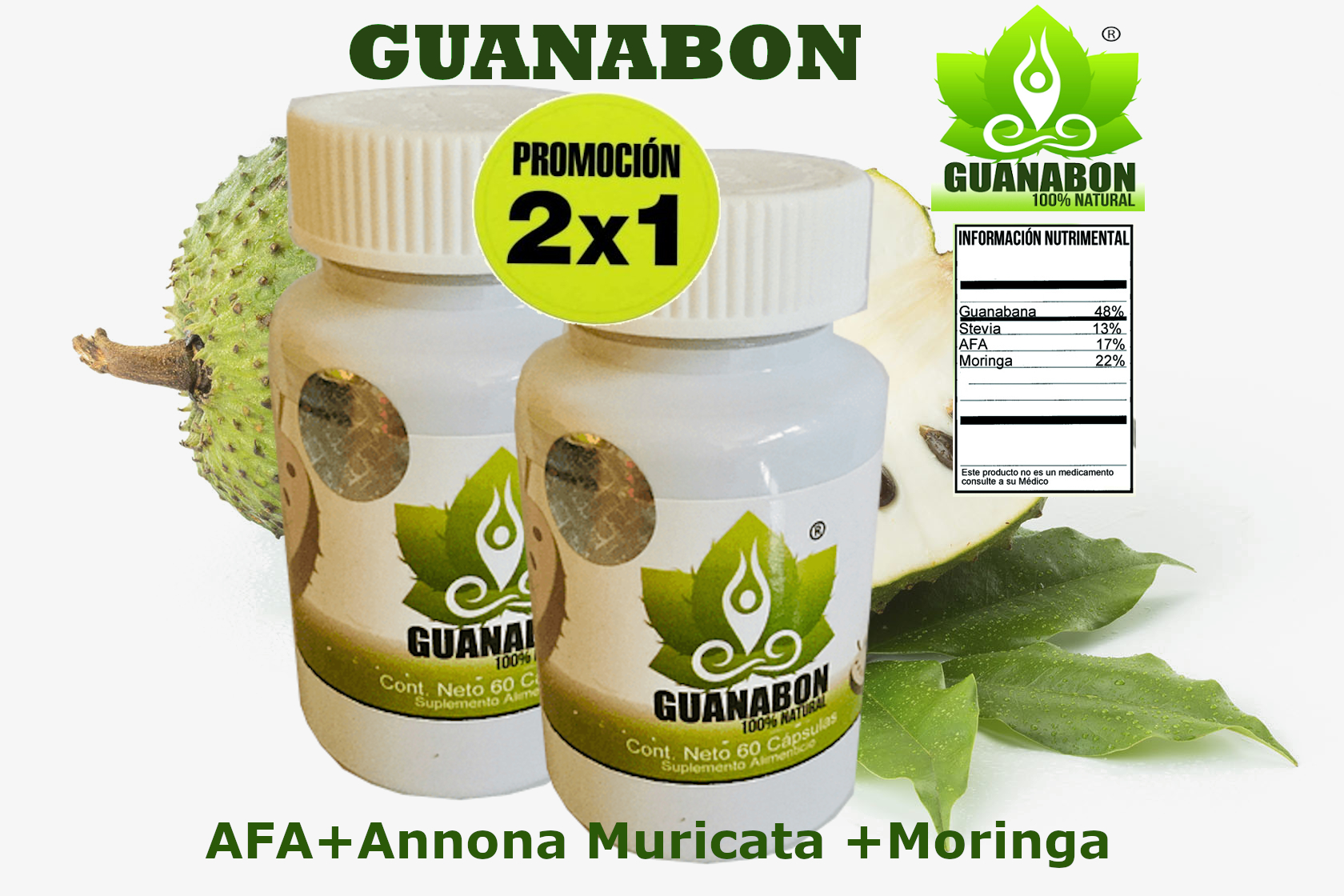 GUANABON (AFA,GRAVIOLA,MORINGA OLEIFEIRA) 60 CAPSULAS 2 X 1