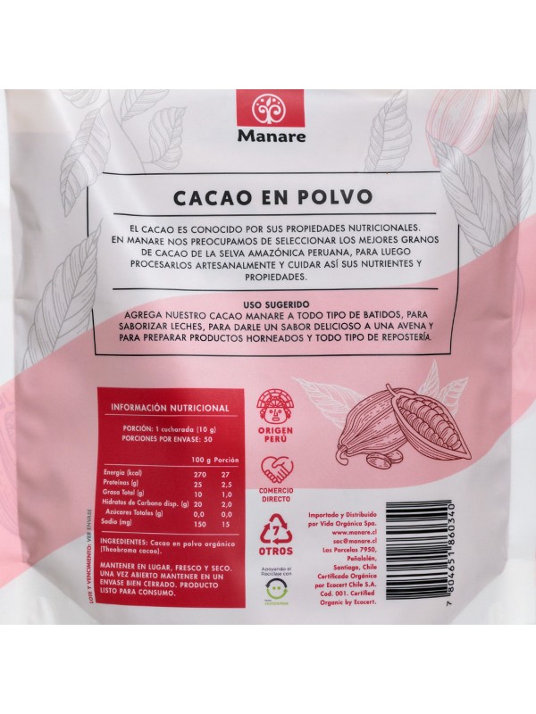 Cacao en polvo Manare 500 g.