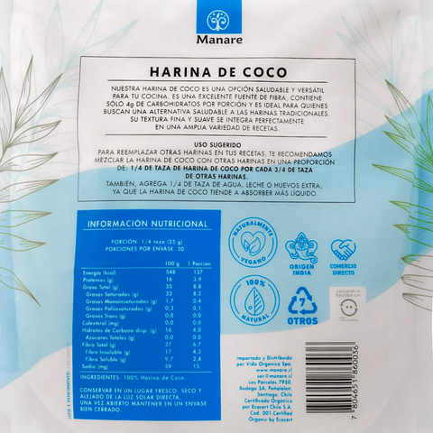 Harina de coco orgánica 500 gr. Manare