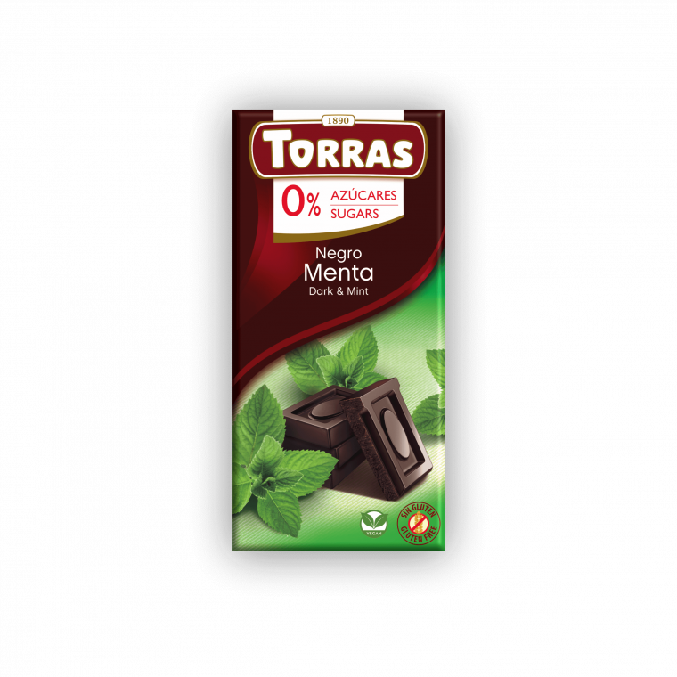Barra de Chocolate Negro con Menta, sin Azúcar Añadida y sin Gluten, 75 g