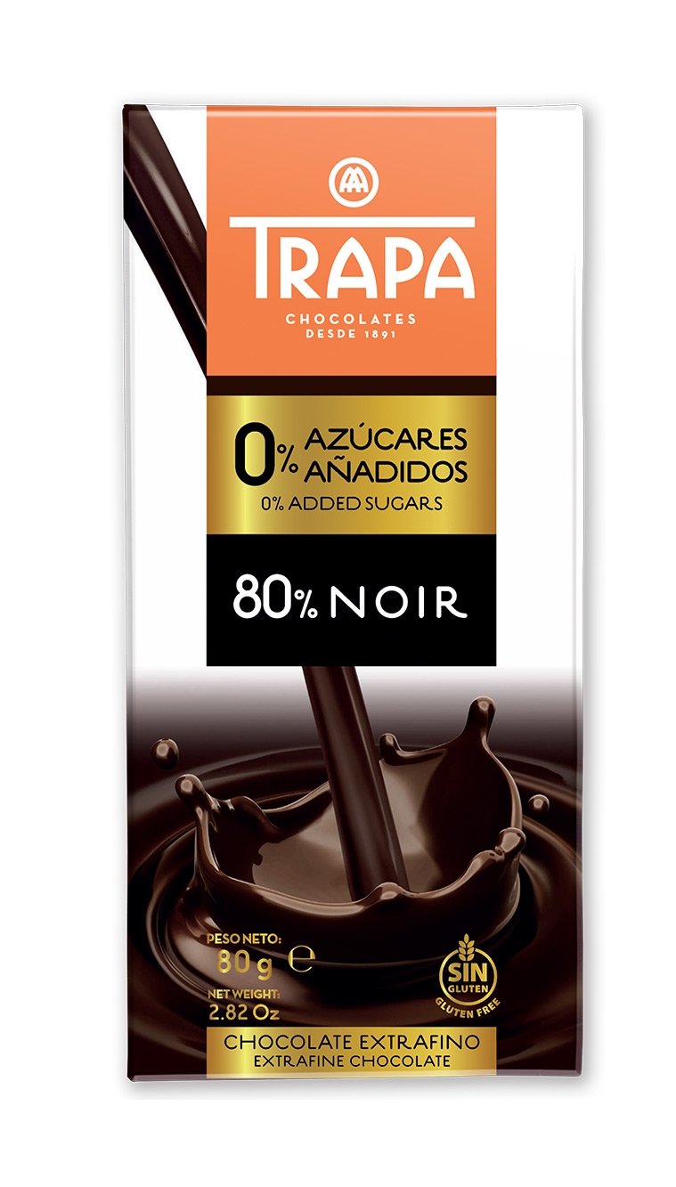 Barra de Chocolate Extrafino, 80% Cacao Noir, 0%, Azúcar Añadidos, 80 gr