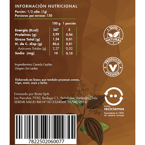 Canela ceylán en polvo 150 g. Brota
