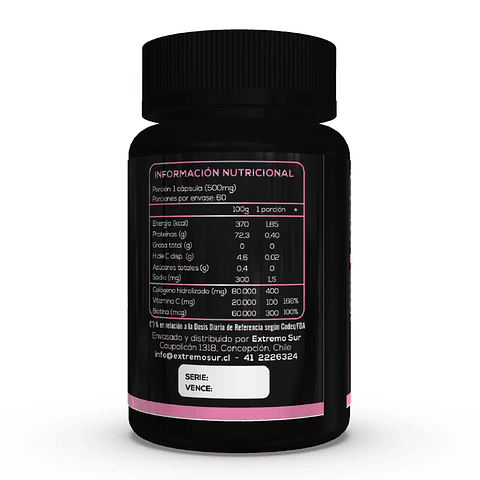 Biotina + Colágeno hidrolizado + Vitamina C 60 cáps. Extremo Sur