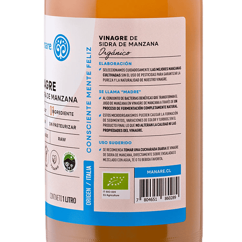 Vinagre de manzana orgánico 1 Lt. Manare