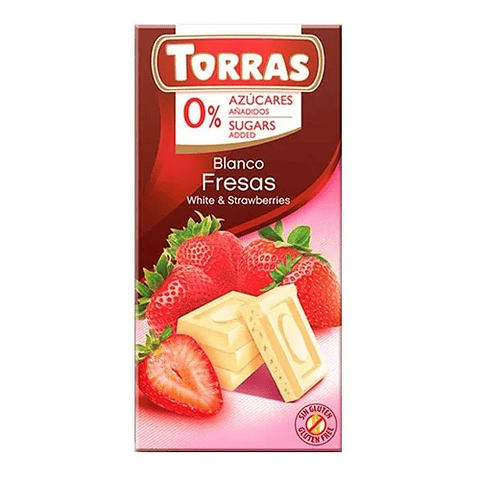 Chocolate blanco fresas 0% azúcar sin gluten Torras 75g.
