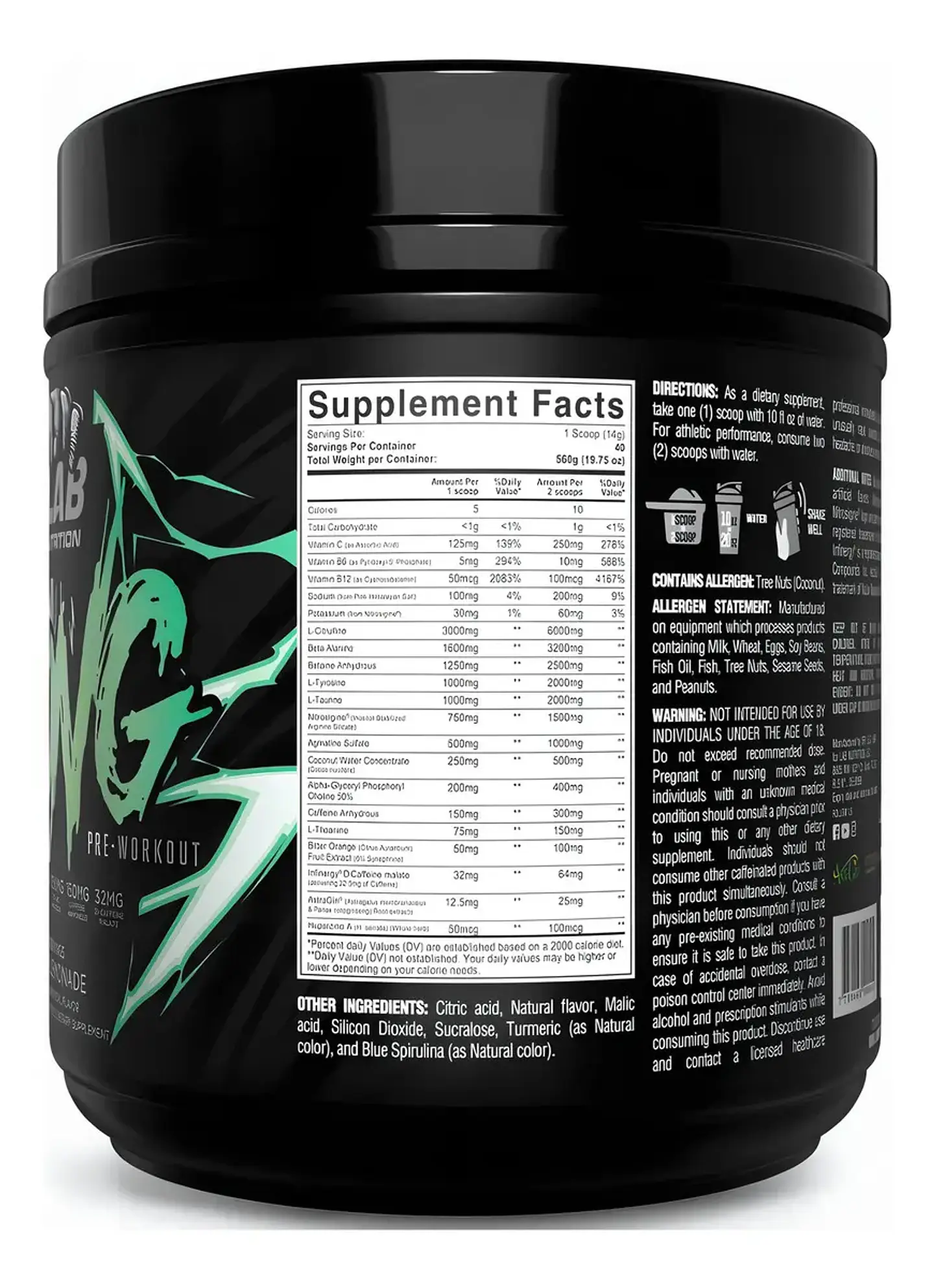 KONG PRE-WORKOUT/3,000MG L-CITRULLINE, 1,600MG BETA ALANINE, 1,250MG BETAINE ANHYDROUS, 150MG CAFFEINE ANHYDROUS, 32MG DI-CAFFEINE MALATE/40RACIONES 2
