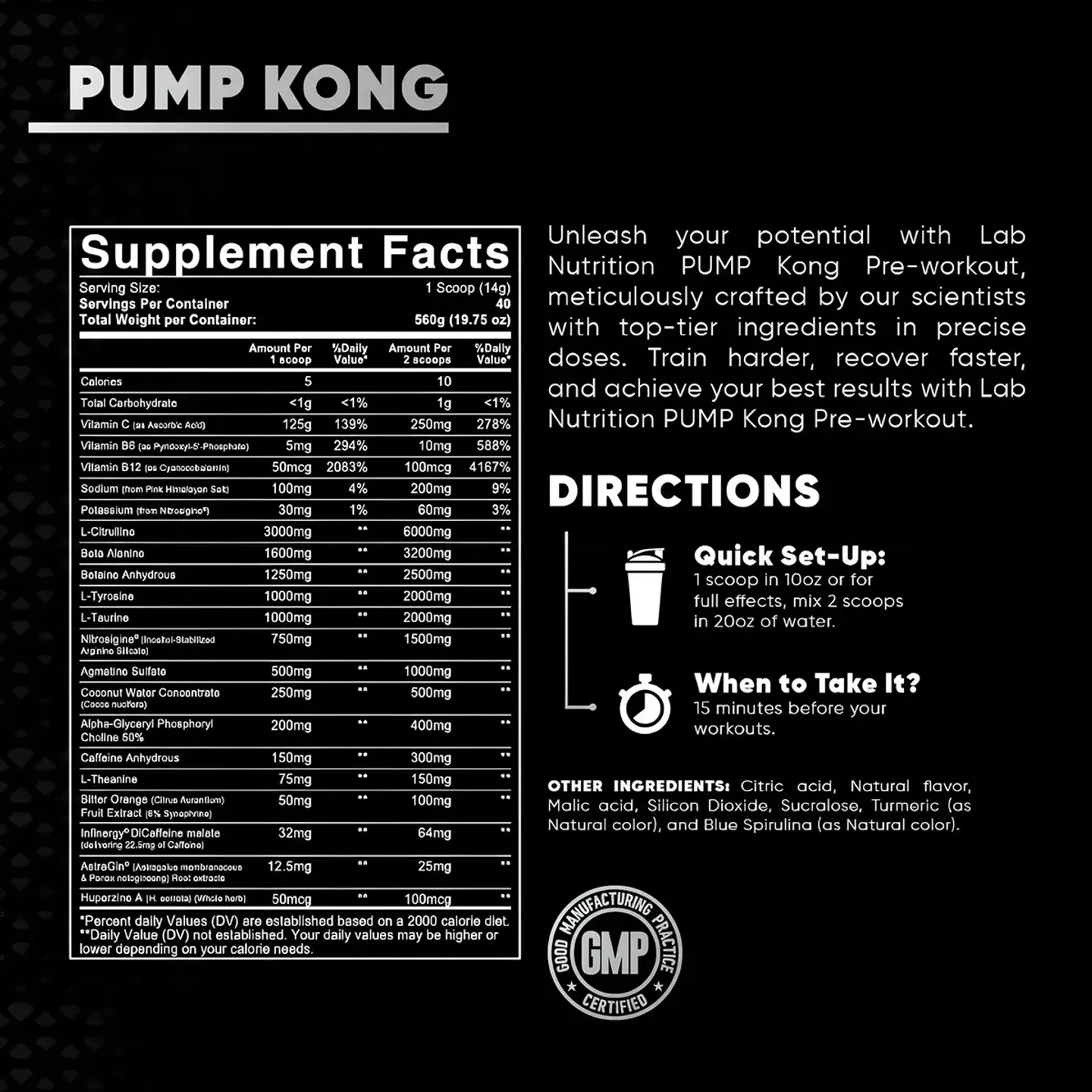 KONG PRE-WORKOUT/3,000MG L-CITRULLINE, 1,600MG BETA ALANINE, 1,250MG BETAINE ANHYDROUS, 150MG CAFFEINE ANHYDROUS, 32MG DI-CAFFEINE MALATE/40RACIONES 3