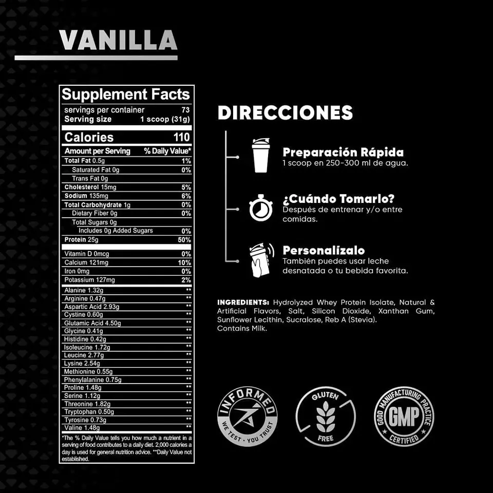 100% HYDROLYZED WHEY PROTEIN ISOLATE/ 25G PROTEIN, 5G BCAA´S, 0.5FAT 2