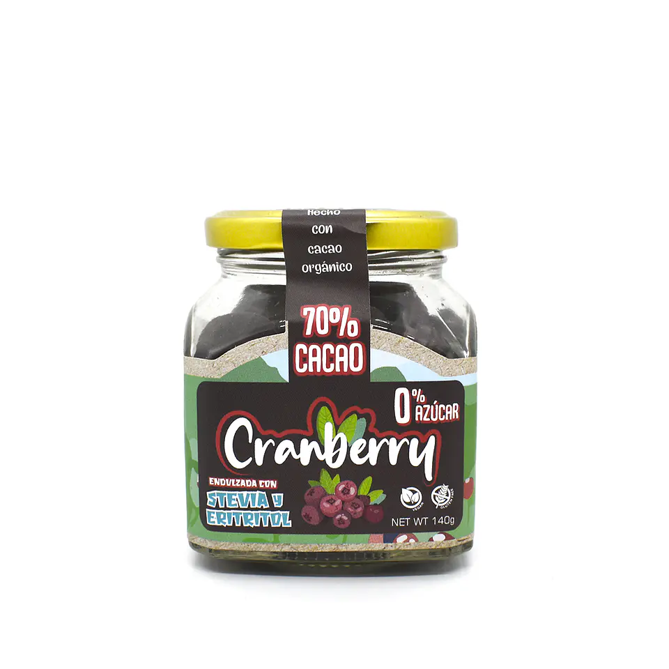 CHOCOLATE CRANBERRY STEVIA Y ERITRITOL 140G VIDRIO 1
