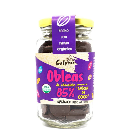 GOTAS DE CHOCOLATE OBLEAS  85% ORG VIDRIO 200G