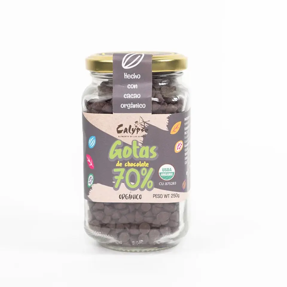 GOTAS DE CHOCOLATE 70% ORGANICO 250G VIDRIO 1