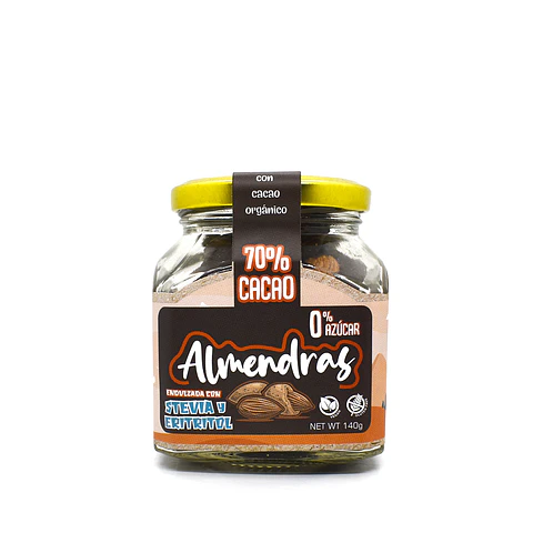 CHOCOLATE ALMENDRAS 70% 140G CACAO STEVIA Y ERITRITOL VIDRIO
