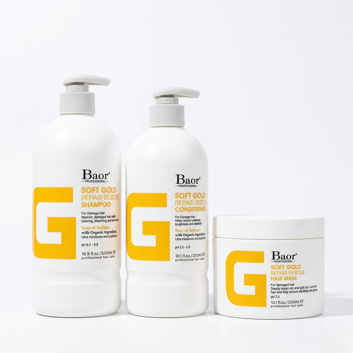 BAOR G – Trío Soft Gold Shampoo + Acondicionador + Mascarilla 1