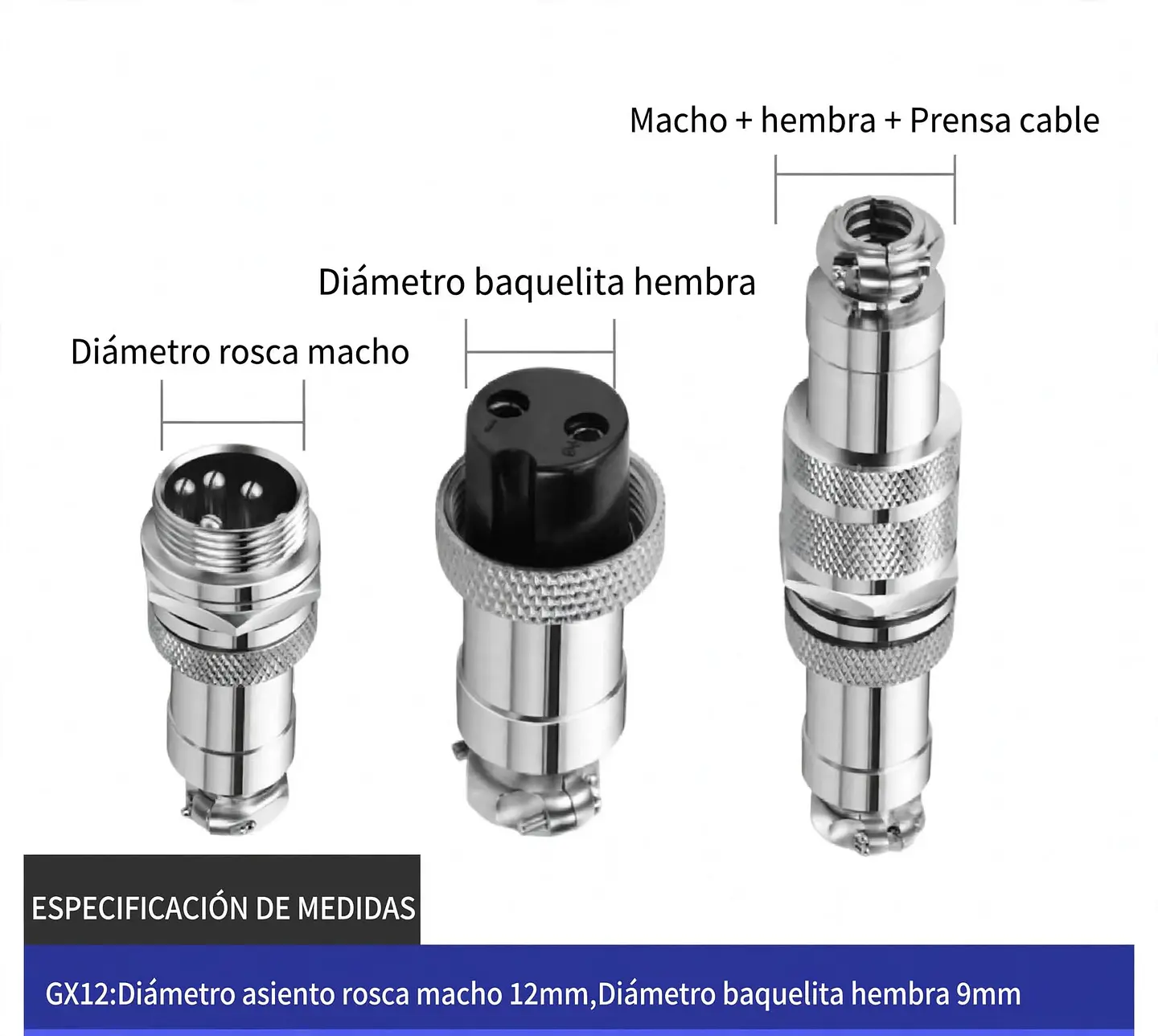 Conector Aviación GX12 4 Pines Macho-Hembra Recto - Docking Type - Metal 12mm Soldable 3