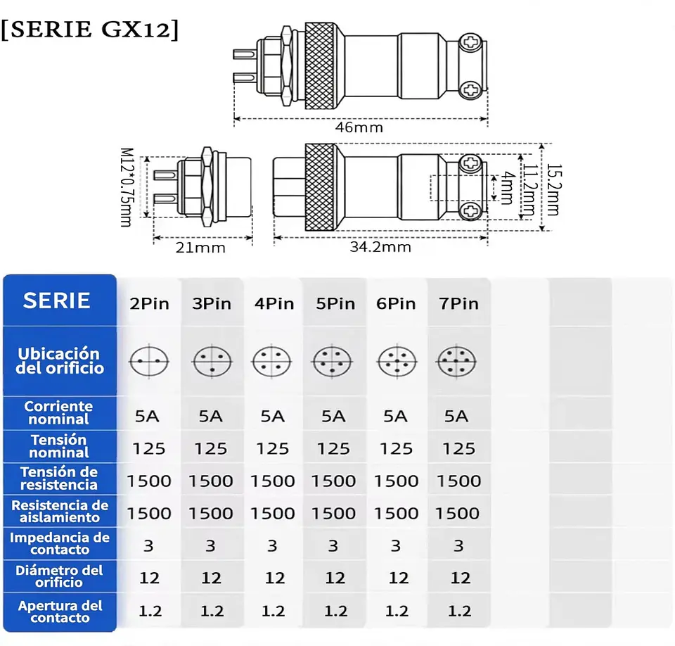 Conector Aviación GX12 4 Pines Macho-Hembra Recto - Docking Type - Metal 12mm Soldable 7