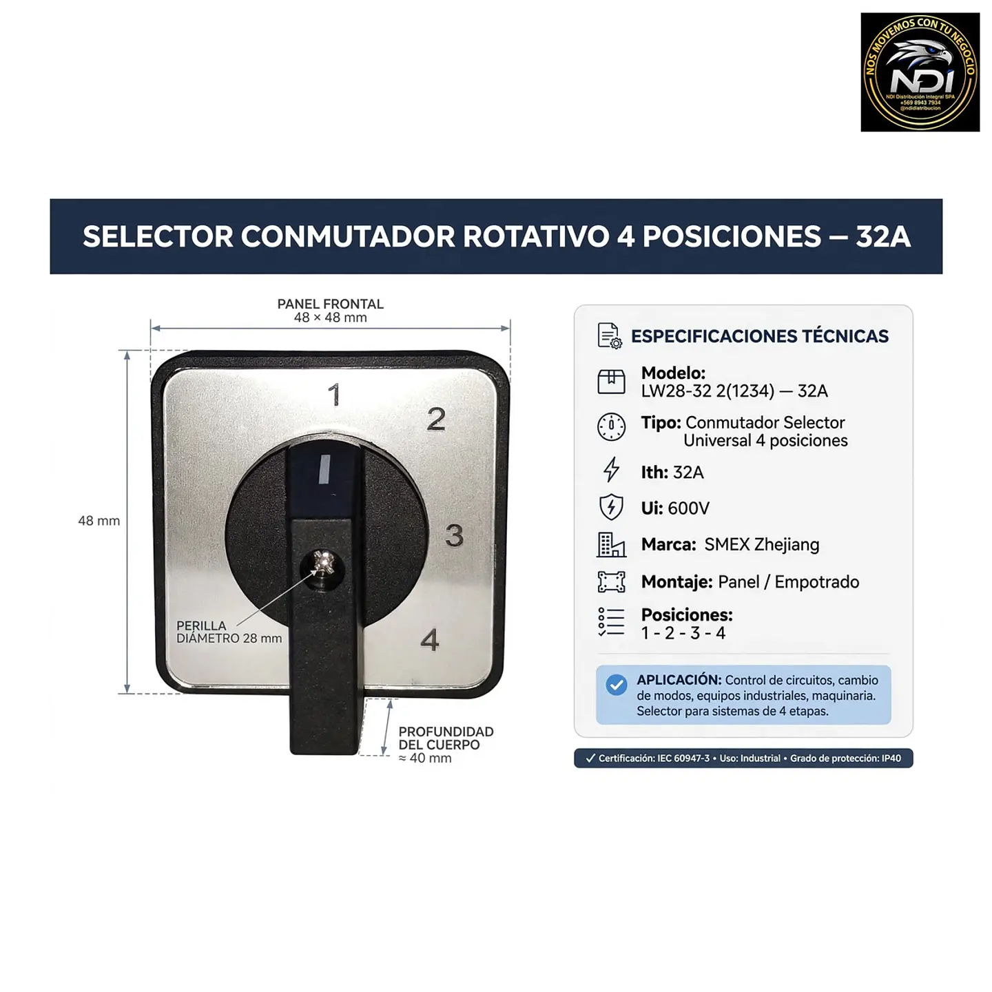 Interruptor Selector Universal LW28-32/2(1234) - Conmutador Rotativo de Leva 32A 4 Posiciones 690V 5
