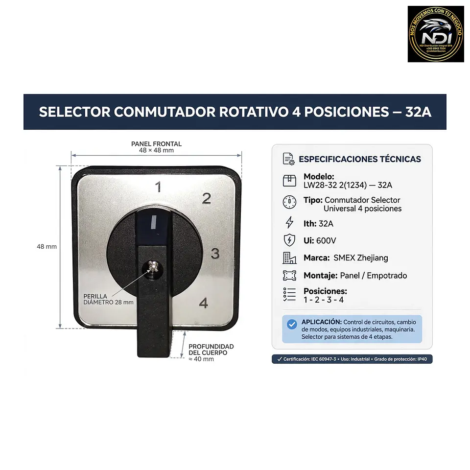 Interruptor Selector Universal LW28-32/2(1234) - Conmutador Rotativo de Leva 32A 4 Posiciones 690V 5