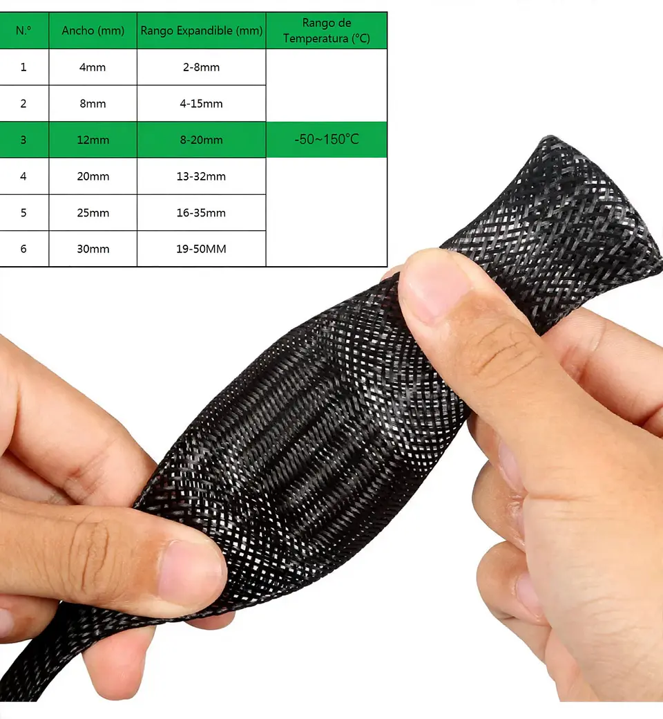 Funda Trenzada Expandible 12mm (8-20mm) - Malla Protectora de Cables PET 6