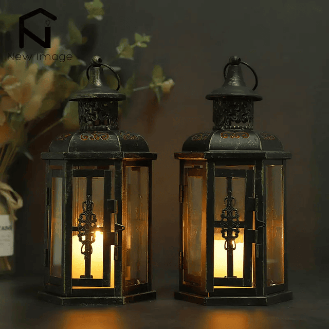 Castiçal nórdico vintage para decoração de casa, lanterna suspensa estética, lanterna de ferro, velas pretas, decoração do quarto do casamento 1