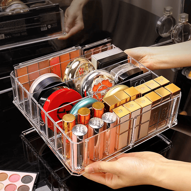 Soporte de maquillaje organizador de paleta de sombra de ojos, estuche de cosméticos, cajón de escritorio 2 en 1, caja de almacenamiento, soporte para lápiz labial, grande, 8 rejillas 6