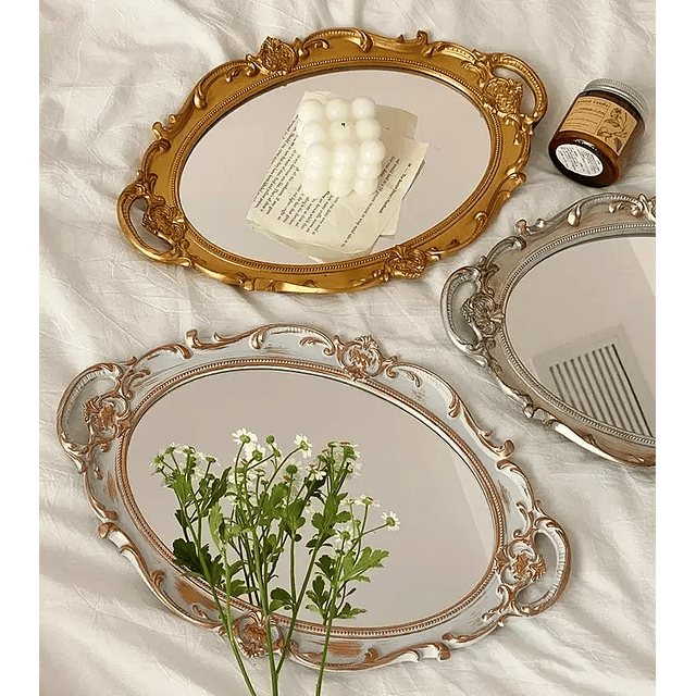 Placa decorativa europeia bandeja de armazenamento oval placa jóias exibição rotativo doces decoração bandeja espelho decorativo maquiagem espelho 1
