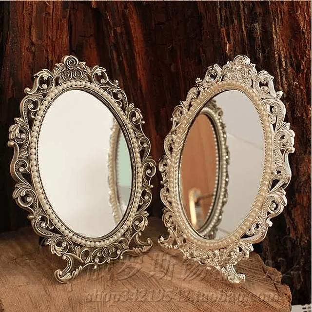 Retro Desktop Makeup Mirror, Embossed Floral Jewelry, Pearl-Inlaid Metal Frame, Table Decor, Silver, Bronze, 337A 1