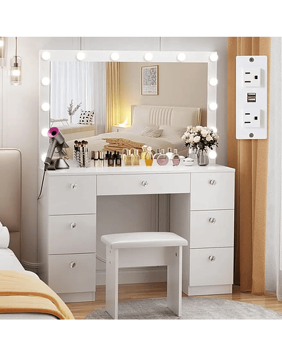 Vanity com espelho iluminado, maquiagem Vanity Desk com espelho, Power Outlet e gavetas, penteadeira com modos de iluminação a cores