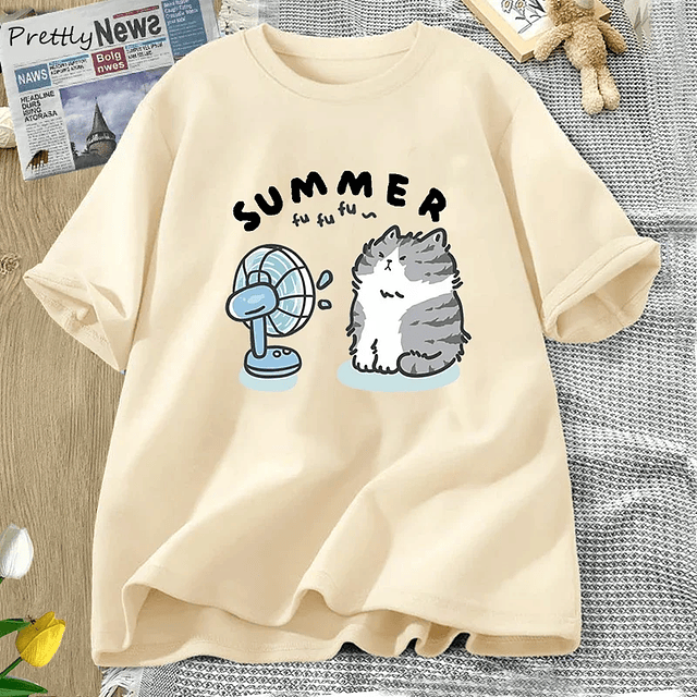 Funny Cat and Fan Graphic T Shirt 8