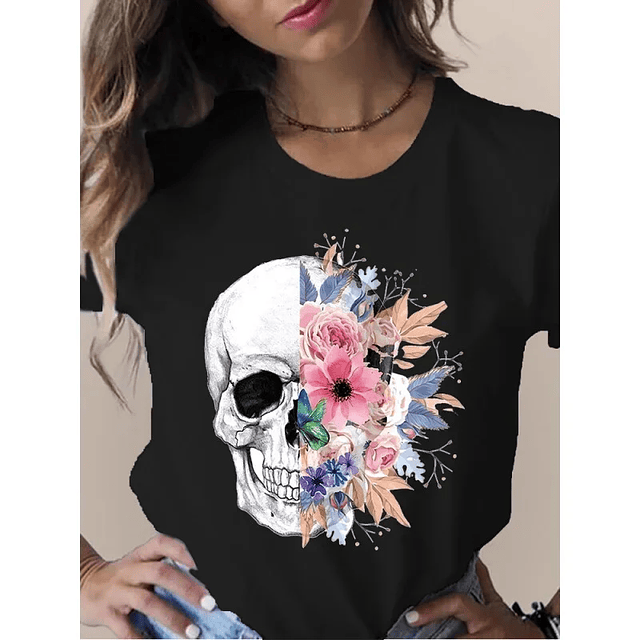 Female T Shirt Skull Head Butterfly Flower Print  5