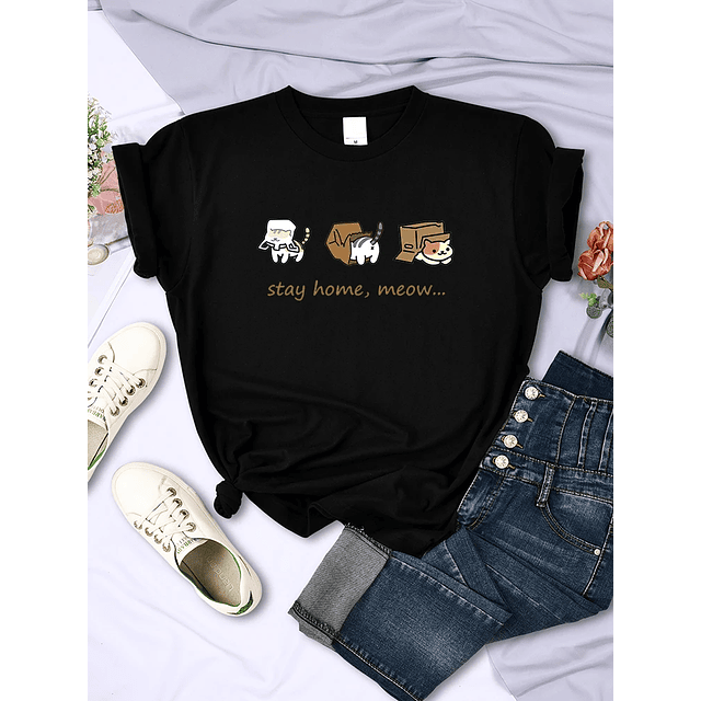 Stay Home , Meow Cats Personality T-Shirts 1