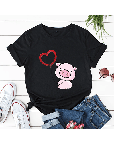 Heart Pig Print Women T Shirt