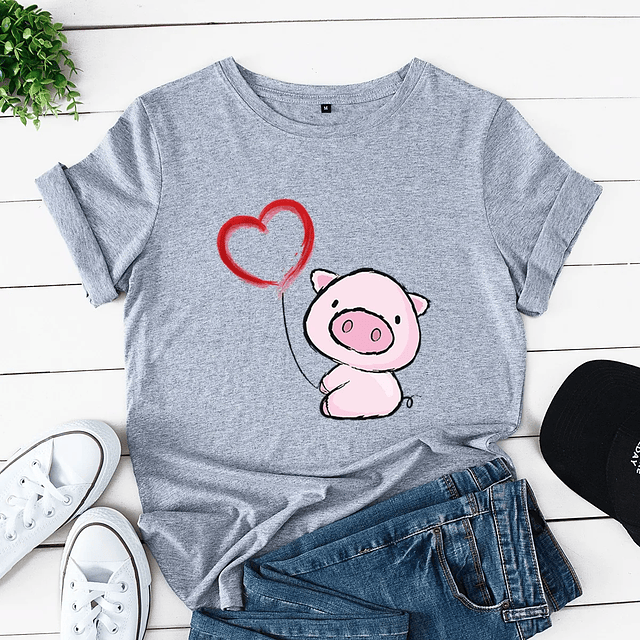 Heart Pig Print Women T Shirt 3