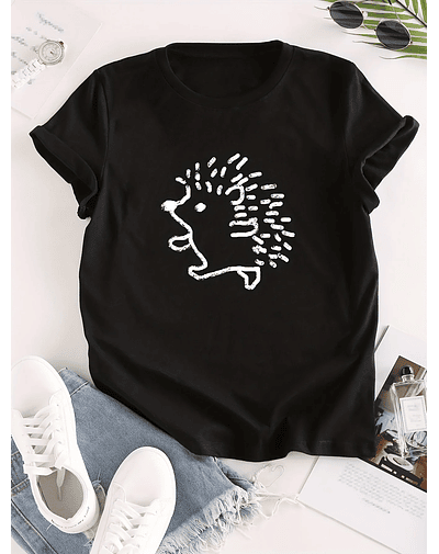 Hedgehog Cartoon Graphic Print Crew Neck T-shirt