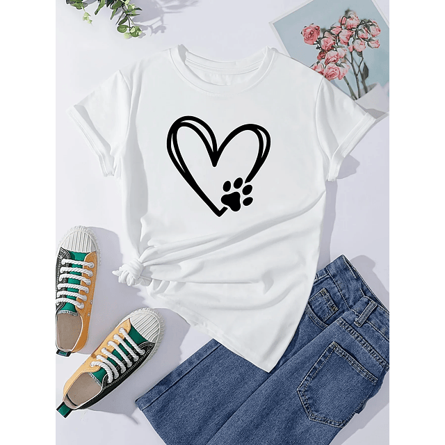 Heart & Dog Footprint Print Short Sleeve T-shirt 4